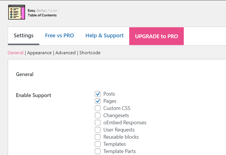 The plugin settings for Easy Table of Contents 