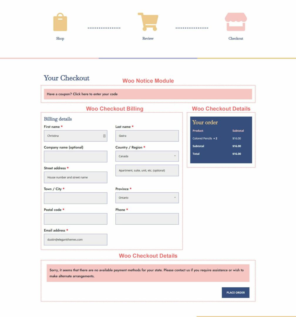 Overview of the checkout pages with the other Woo modules
