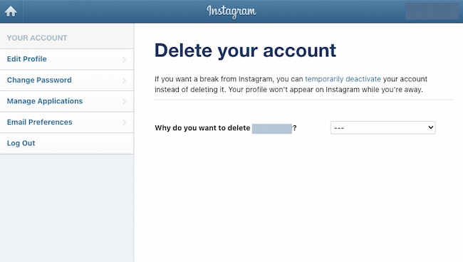 How to delete Instagram example: Enter this URL directly