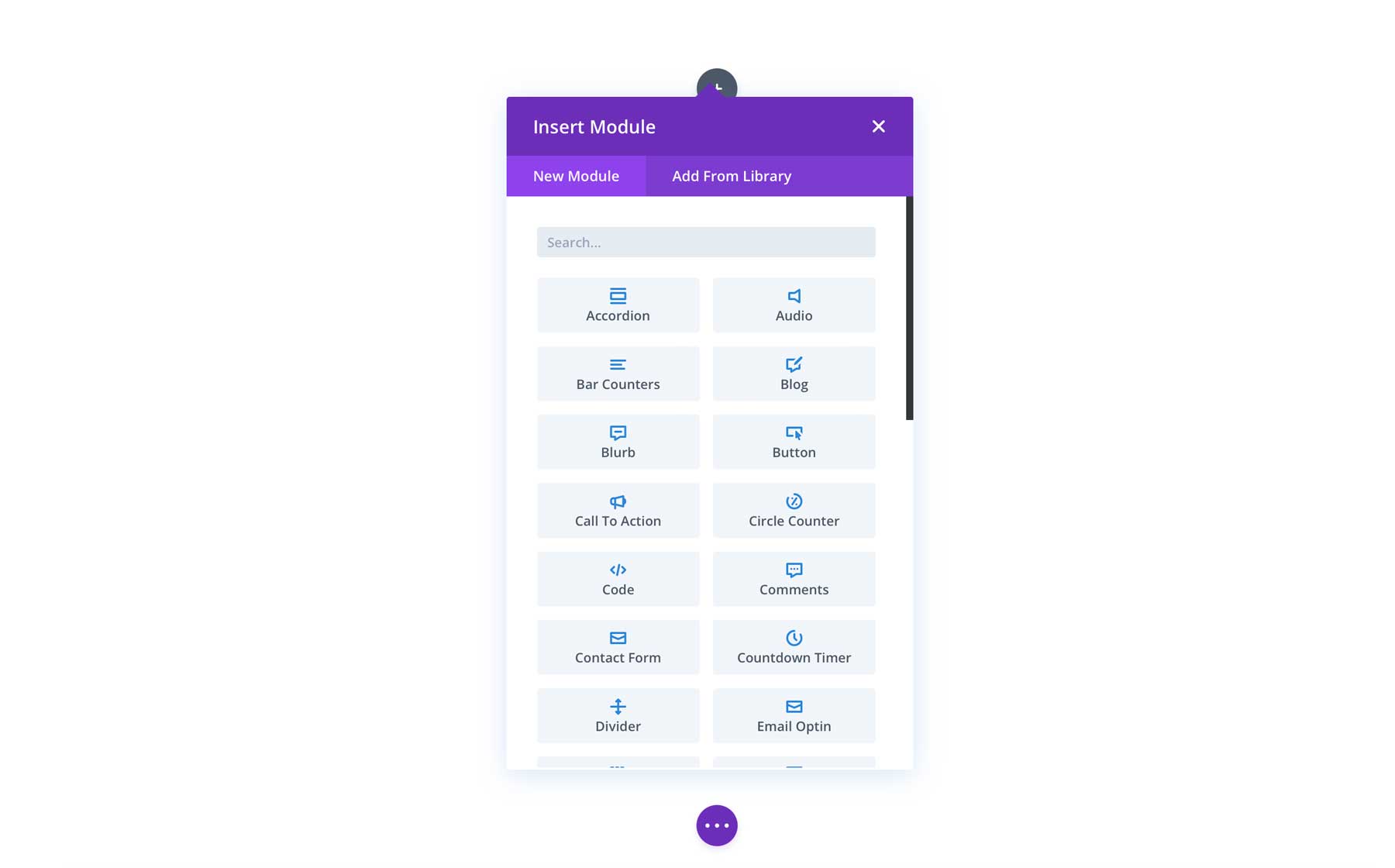 The Divi modules menu on the page editor