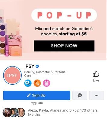 Screenshot of Ipsy's CTA button on Facebook. 