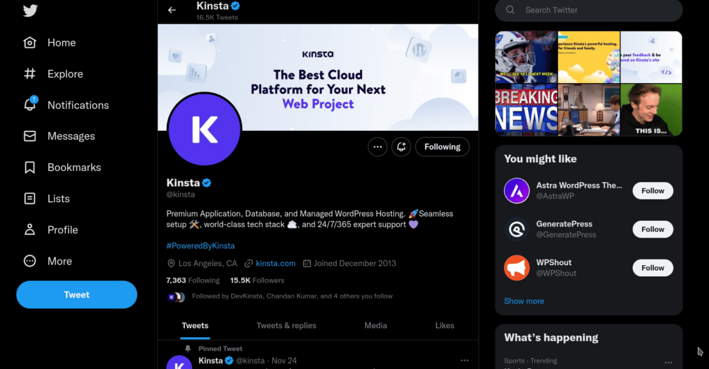 Kinsta's Twitter home page shows the banner “The best cloud platform for your next web project” and multiple dynamic contents such as followers, following, and notifications.