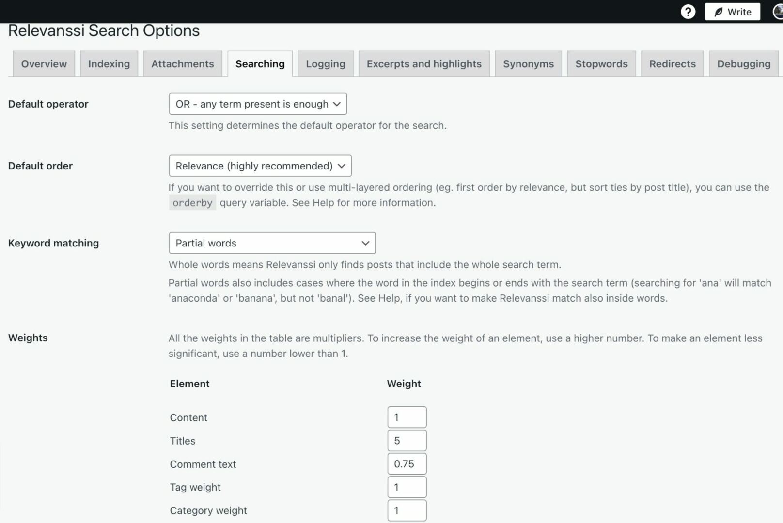 Relevanssi settings page
