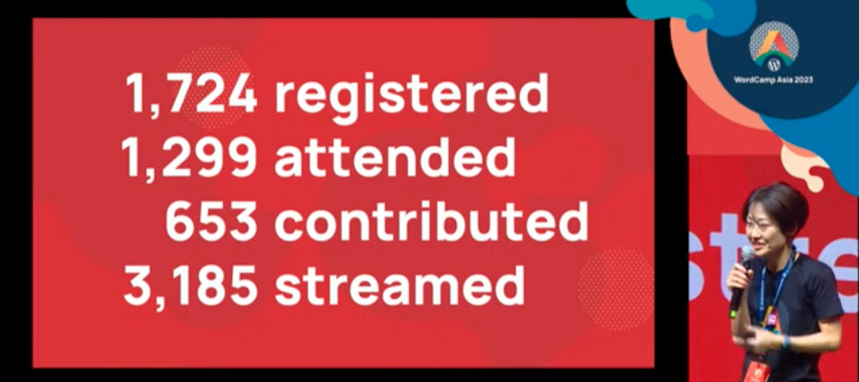 Screenshot from WordCamp Asia livestream explaining attendee numbers. 