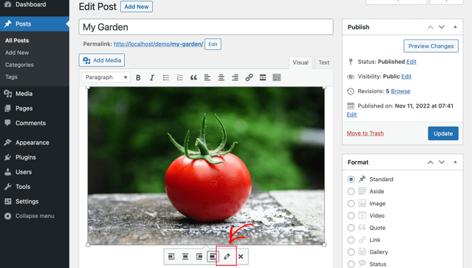 Editing an image in the WordPress classic editor