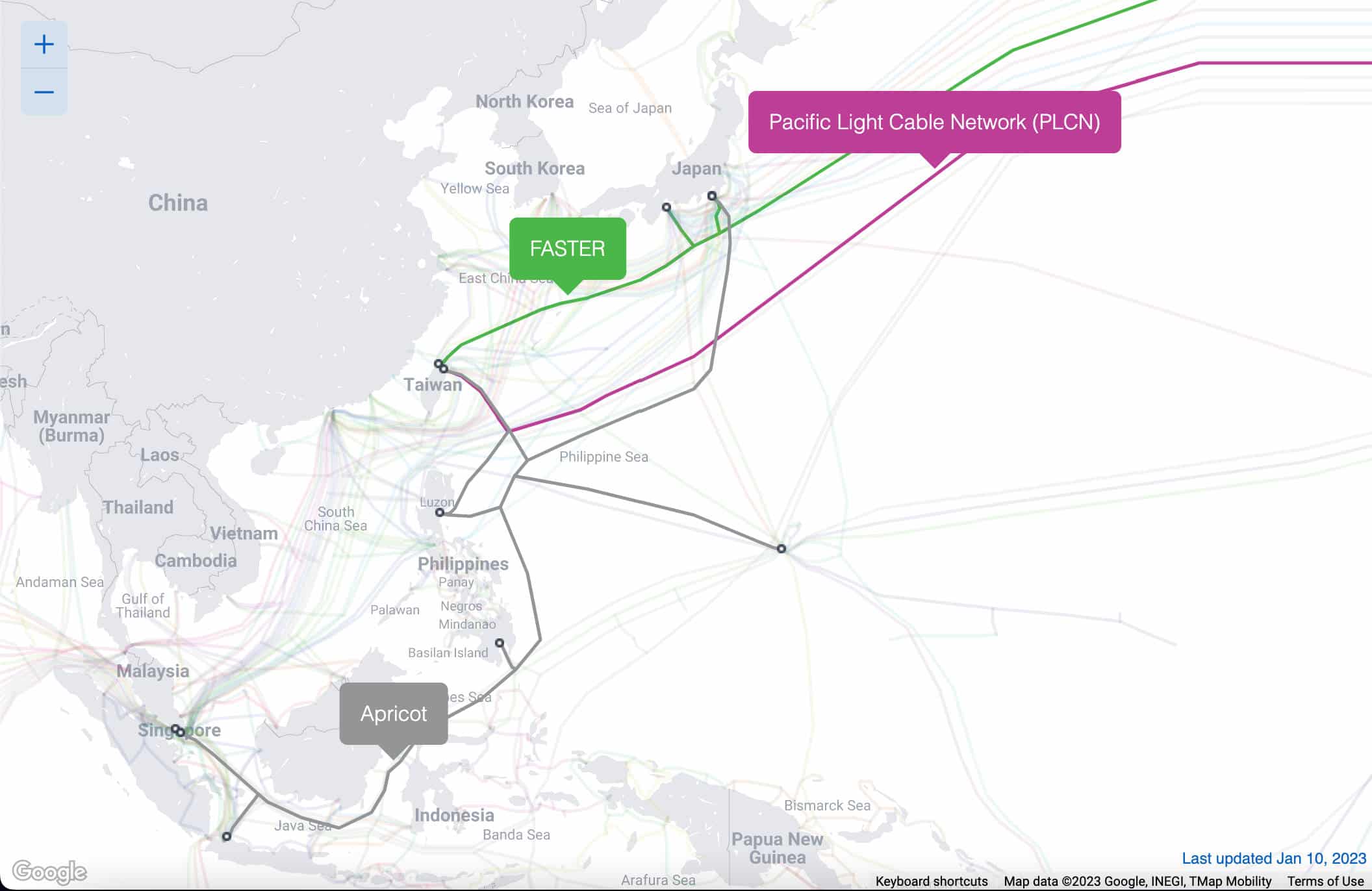 Apricot, Faster, and PLCN submarine cables