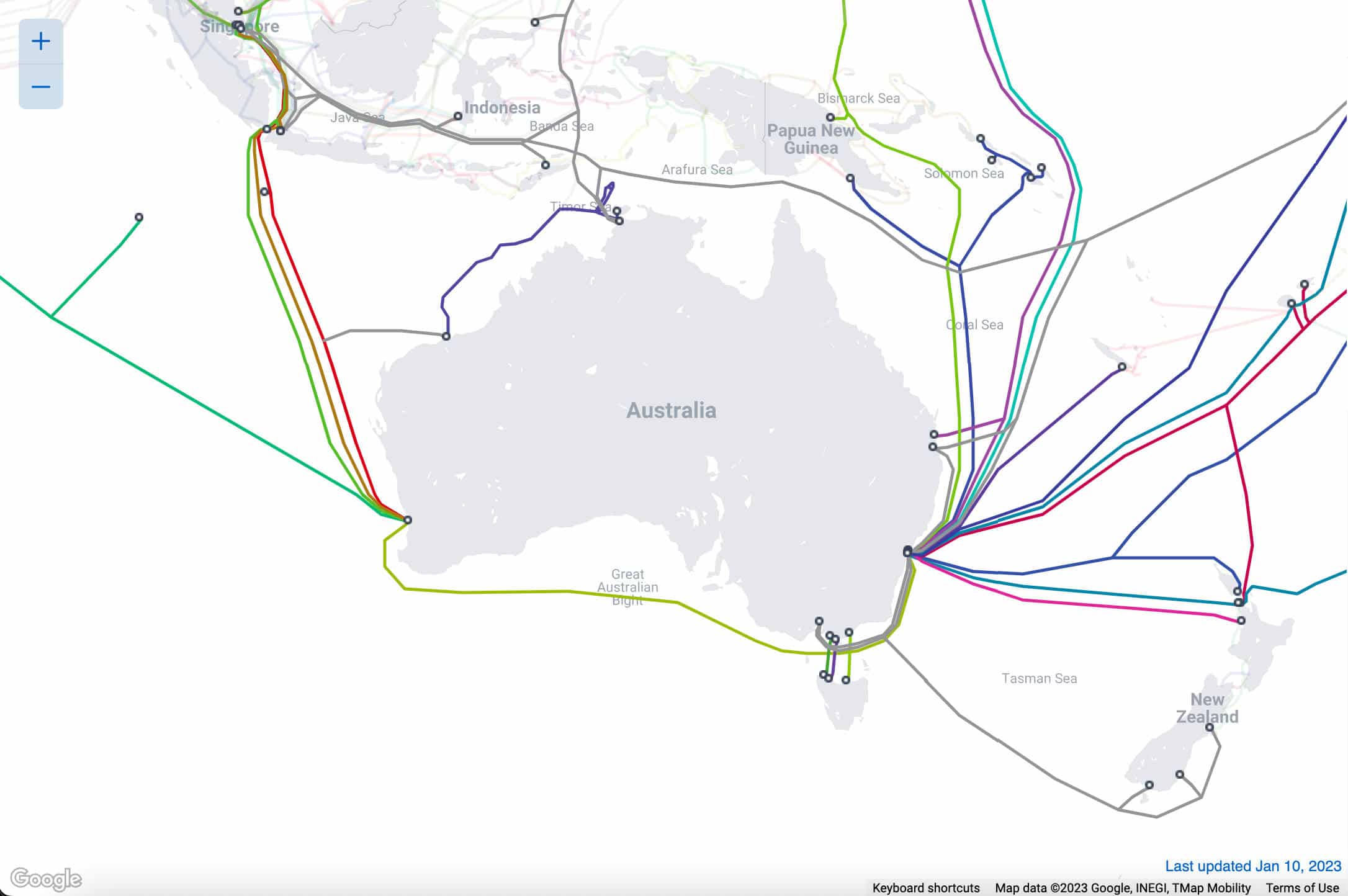 A map of submarine cables connecting to Australia
