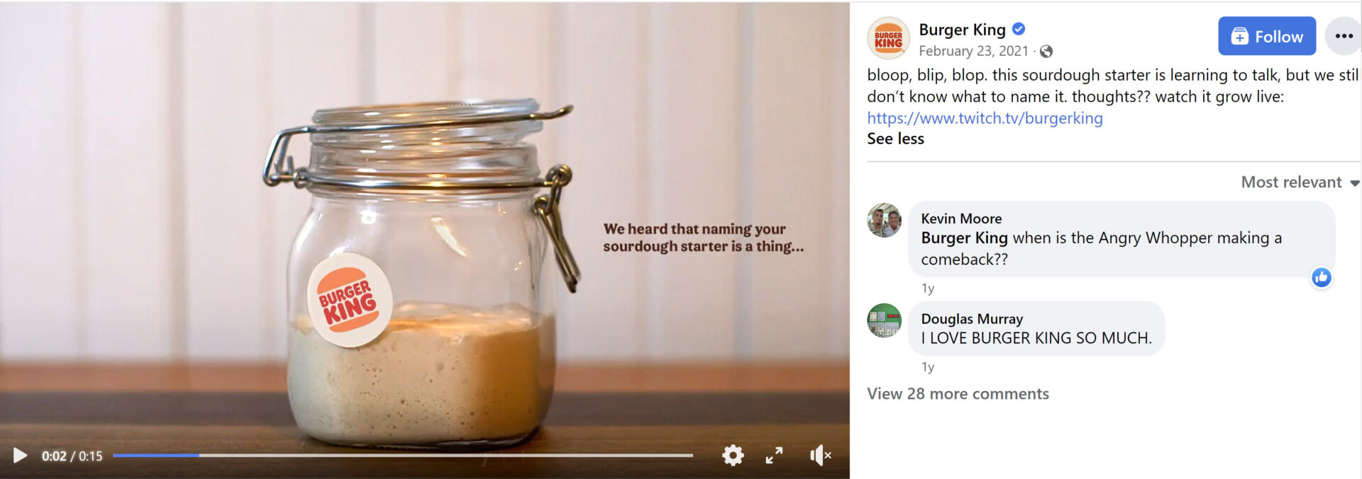 Burger King asks its Facebook followers to name a product to generate more Facebook engagement. 