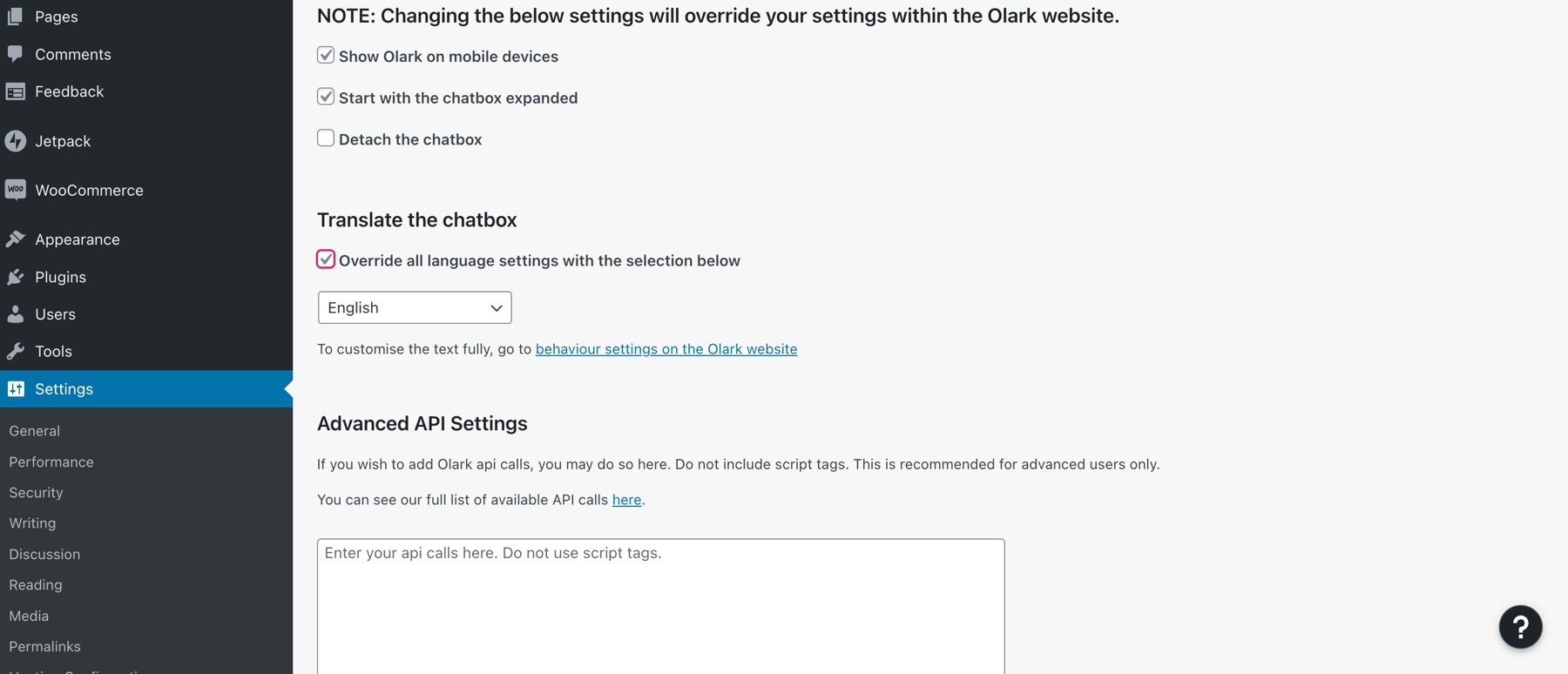 Olark settings