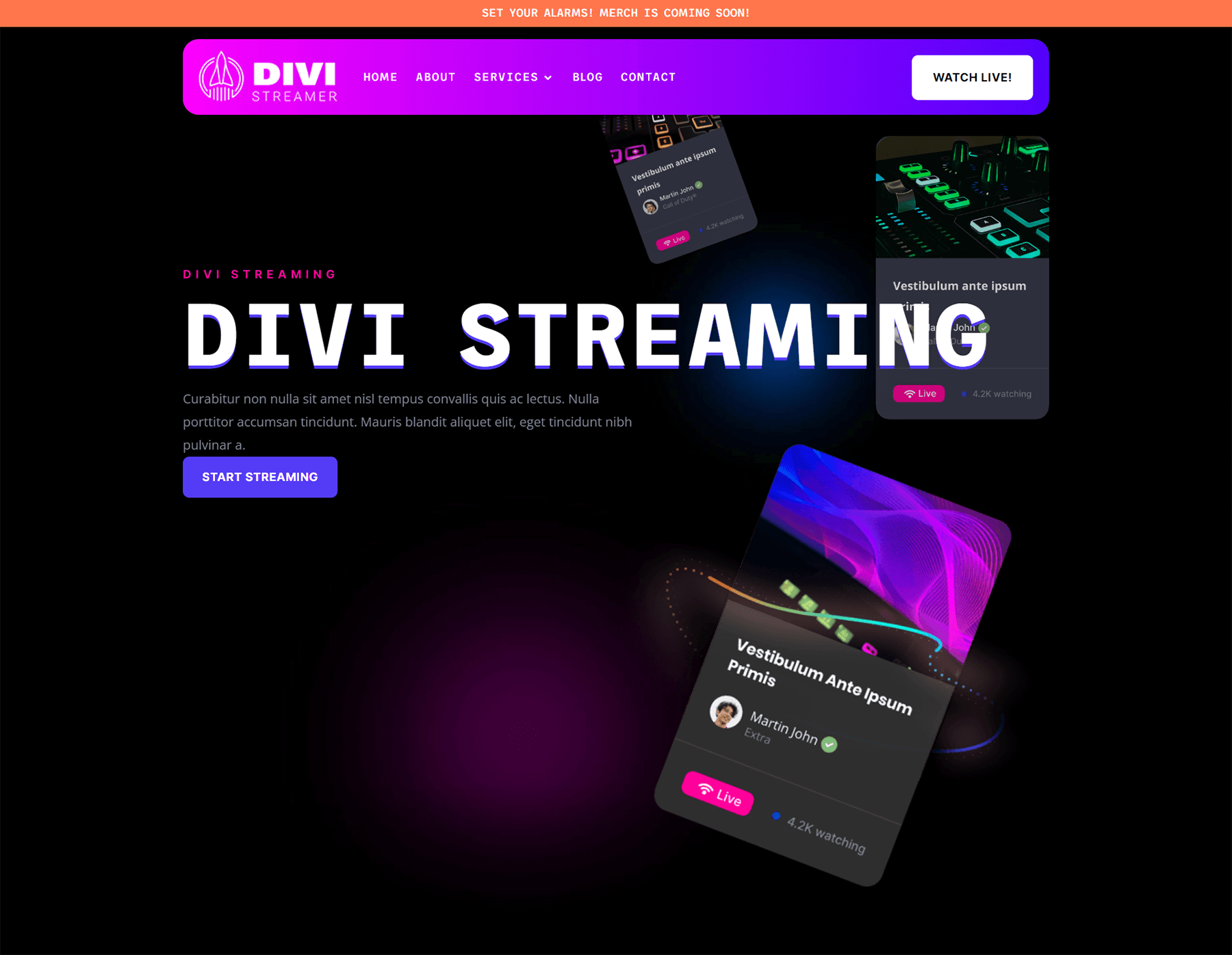Header design for the Divi Streamer Layout Pack for desktop