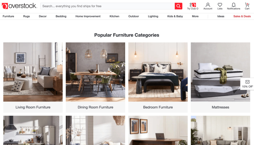 Overstock.com is a dropshipping business that sells furniture and other home foods