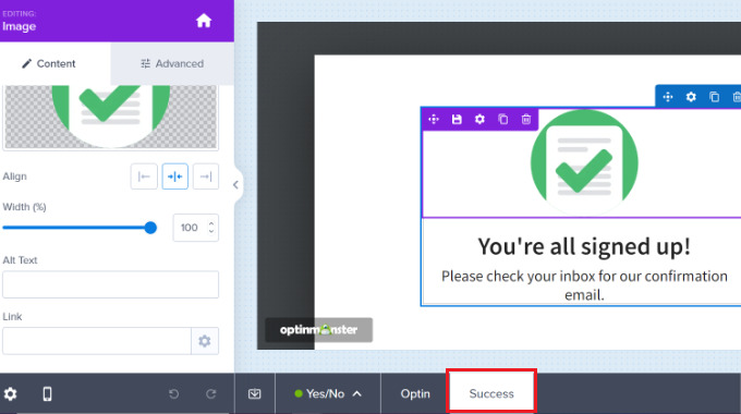 Edit the success view for onclick popup