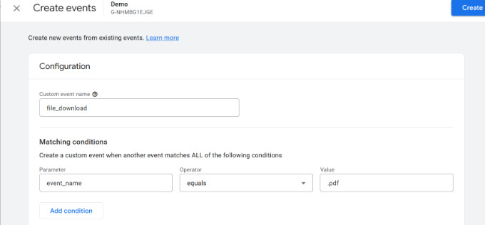 Enter event parameter operator and value