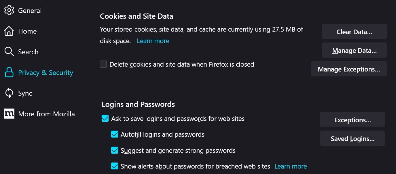 Cookies and site data in Mozilla Firefox