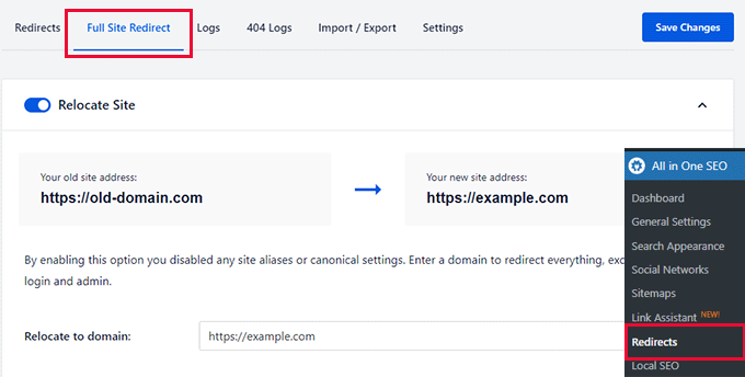 Full site redirect in All in One SEO