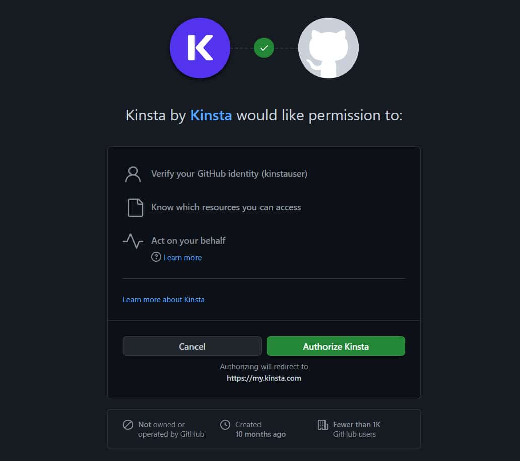Authorizing Kinsta at GitHub.