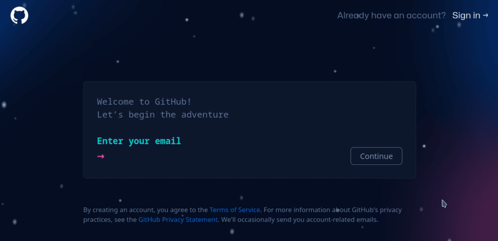 GitHub signup page with a label displaying “Welcome to GitHub!, Let's begin the adventure” and the “Enter your email” field.
