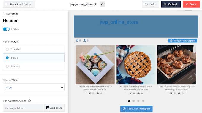 Customizing the header for an embedded Instagram feed