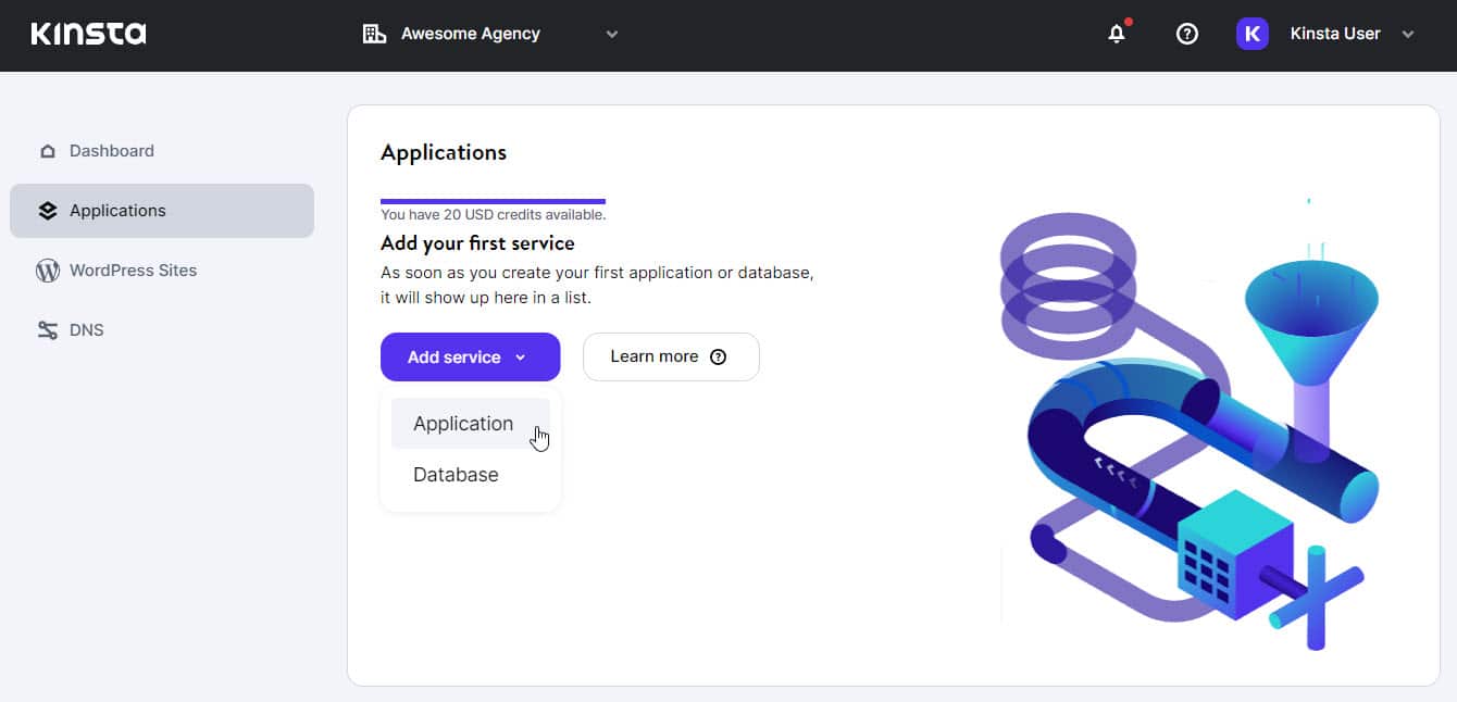 Choose "Application" under "Add service" in MyKinsta.