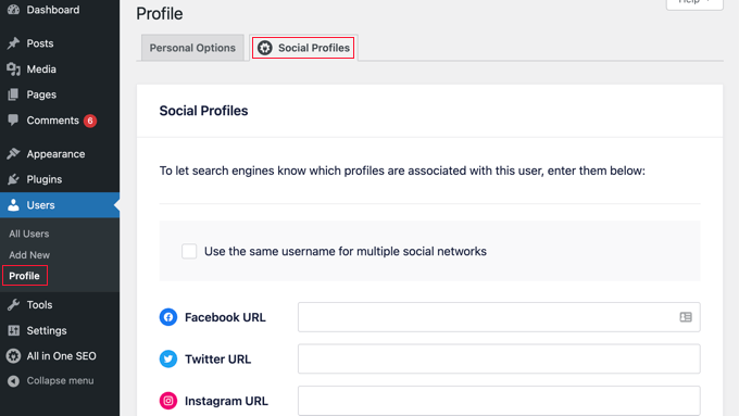 All in One SEO Social Profiles Tab