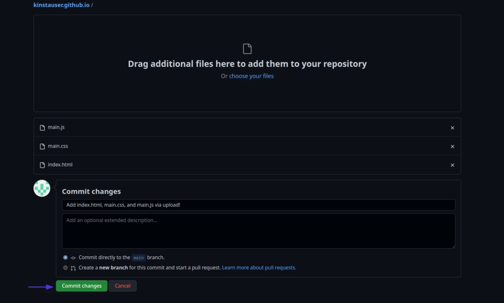 Uploading files main.js,index.html, and main.css to the GitHub repository, with the commit message “Add index.html, main.css, and main.js”.