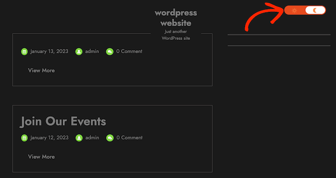 An example of dark mode in WordPress