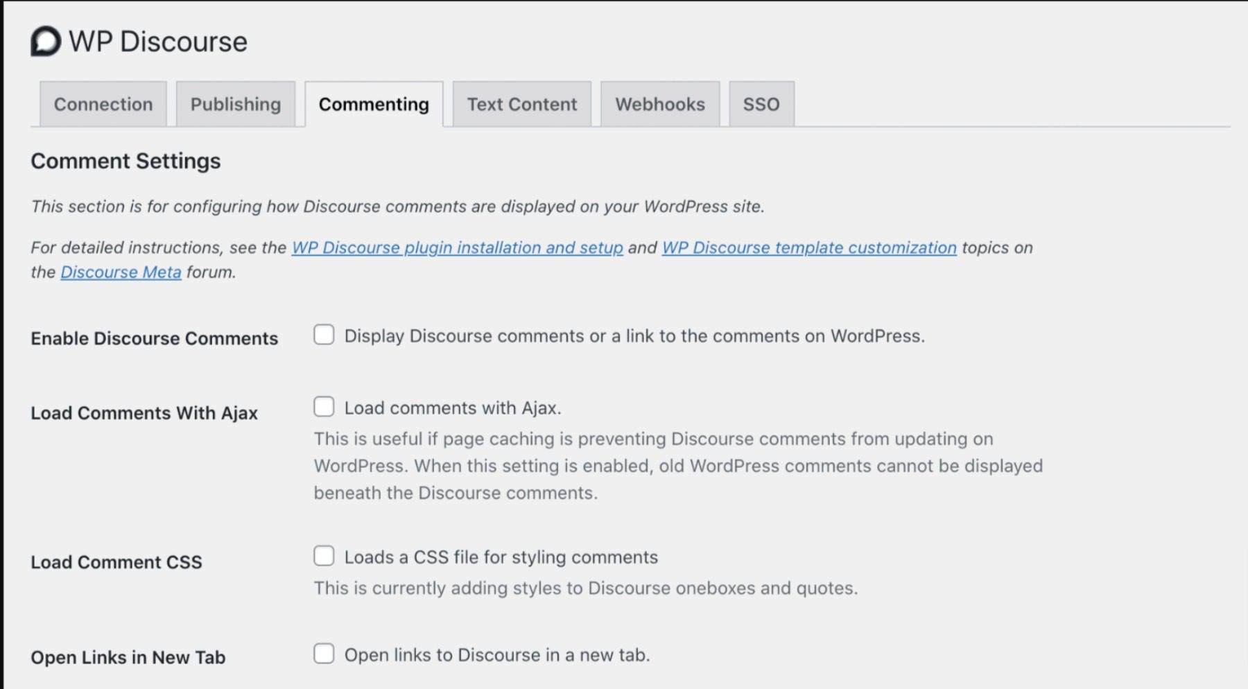 The WP Discourse comments settings.