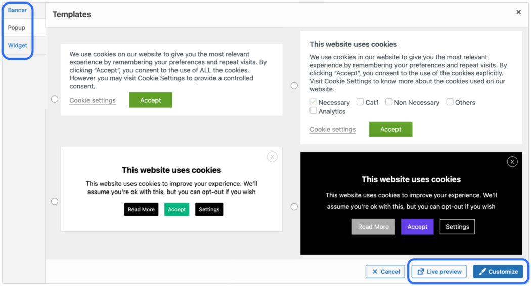 webtoffee GDPR Cookie Consent display options