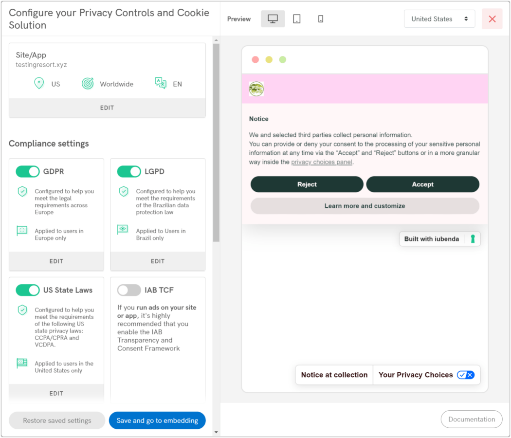 iubenda privacy controls and cookie solution settings