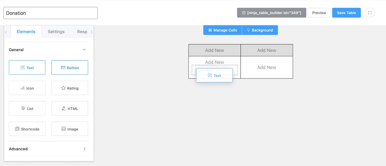 Drag and Drop Ninja Table Builder