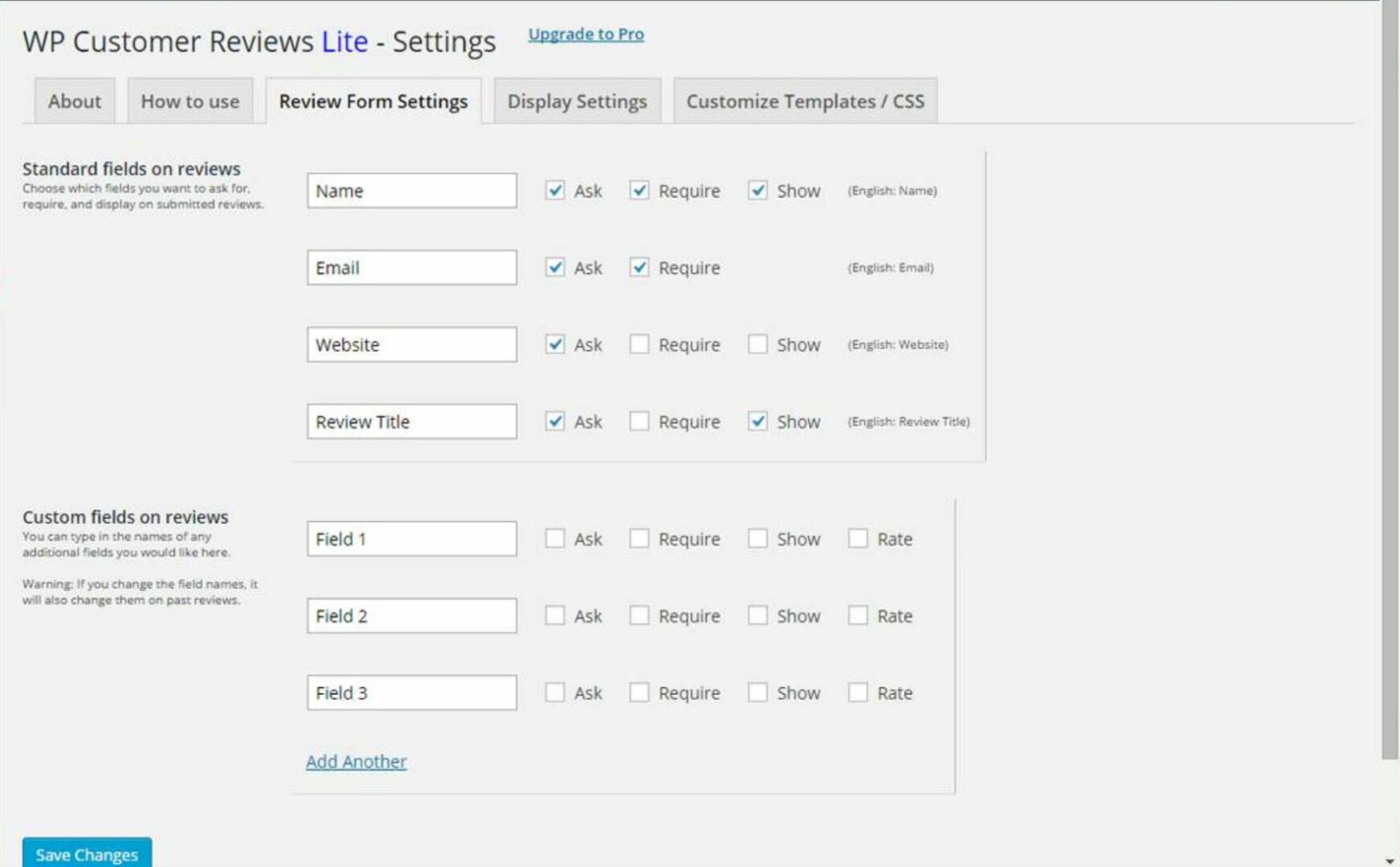 The form settings page of the WP Customer Reviews plugin.
