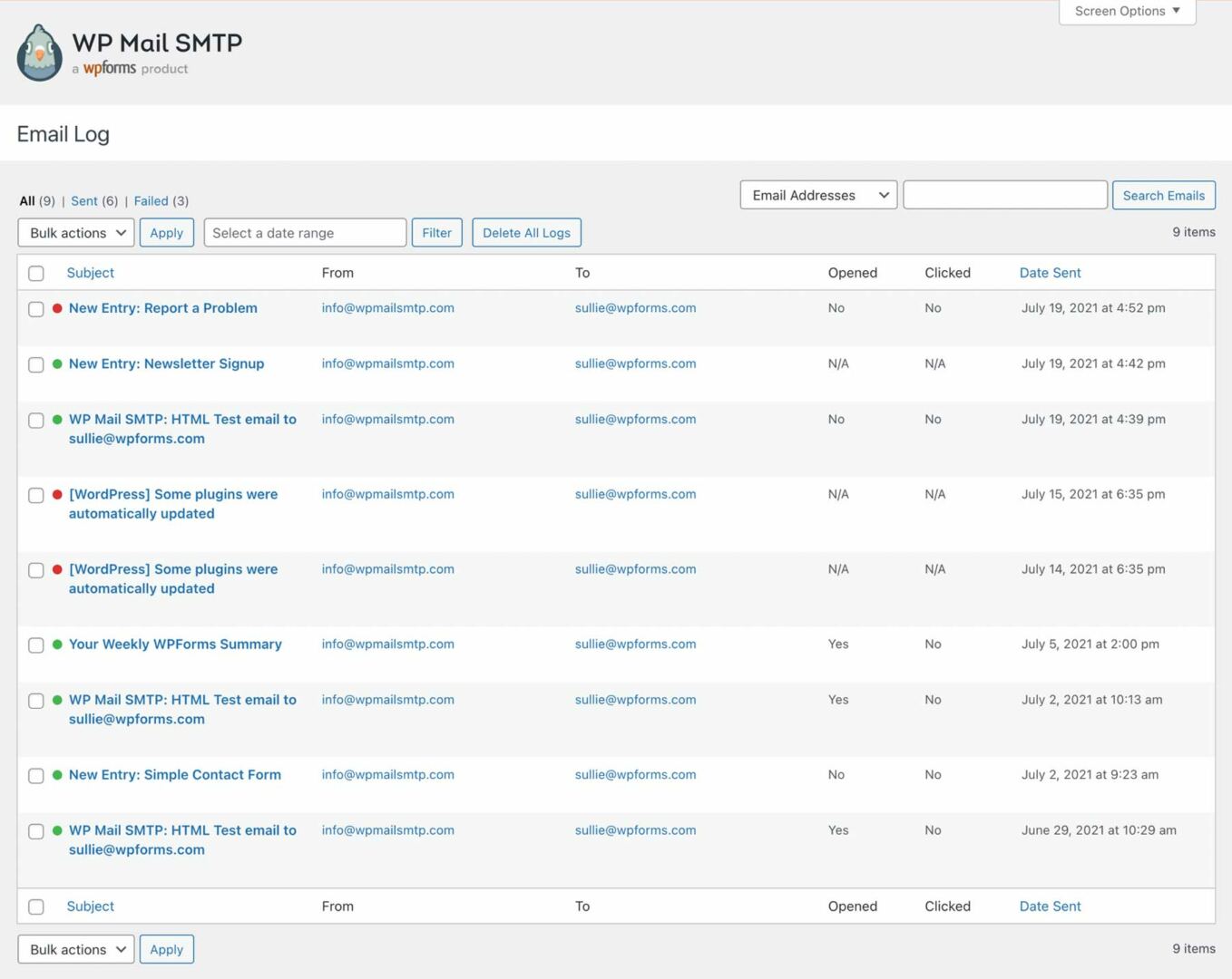 WP Mail SMTP email log