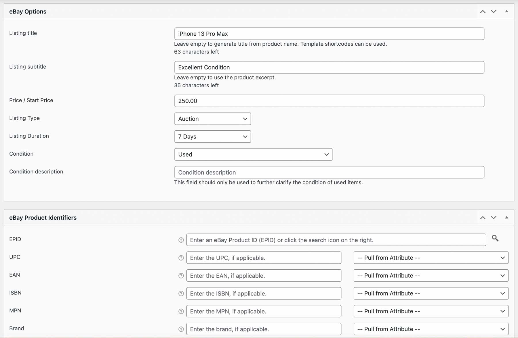 WP lister product settings