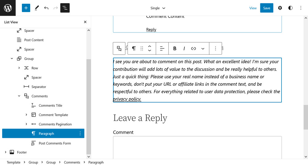 add blog comments policy to comments block