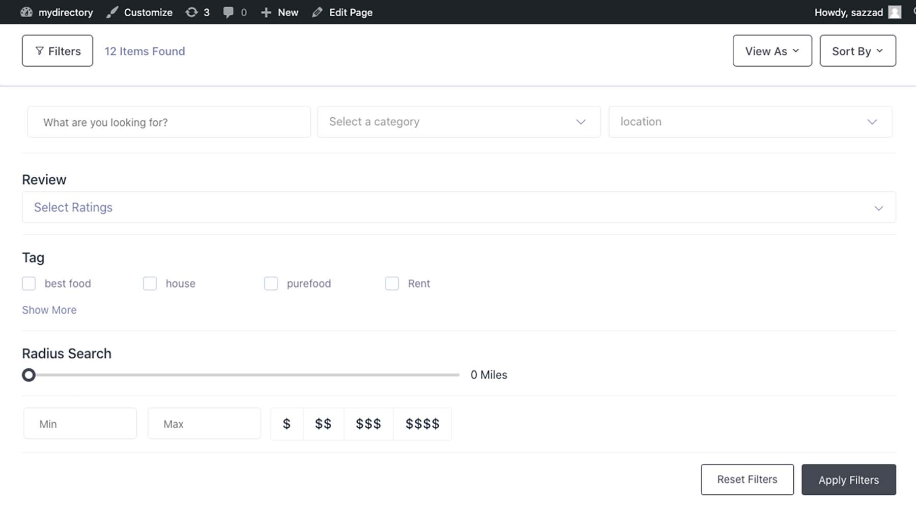 Advanced fields listing within the Directorist search form