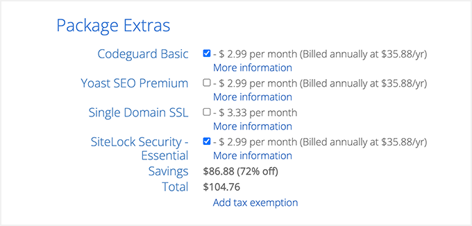 Bluehost hosting package extras