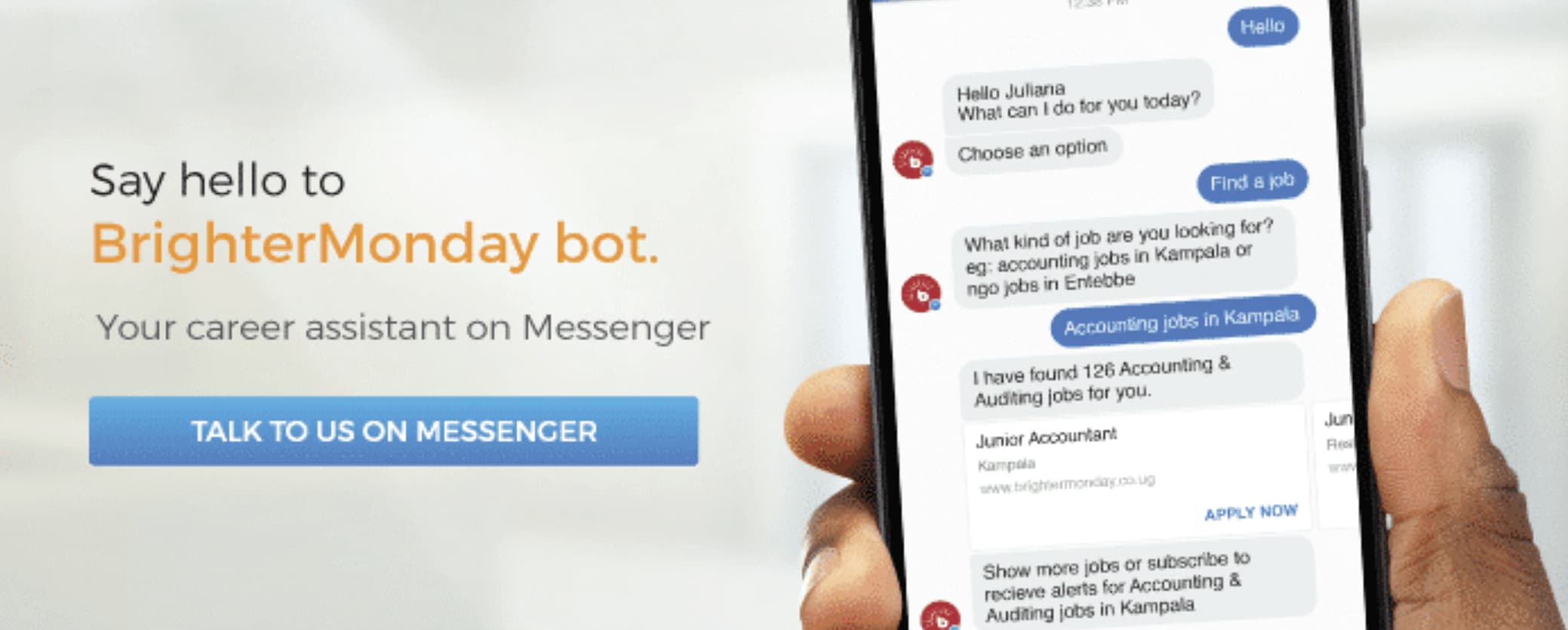 Screenshot of BrighterMonday, a Facebook Messenger bot