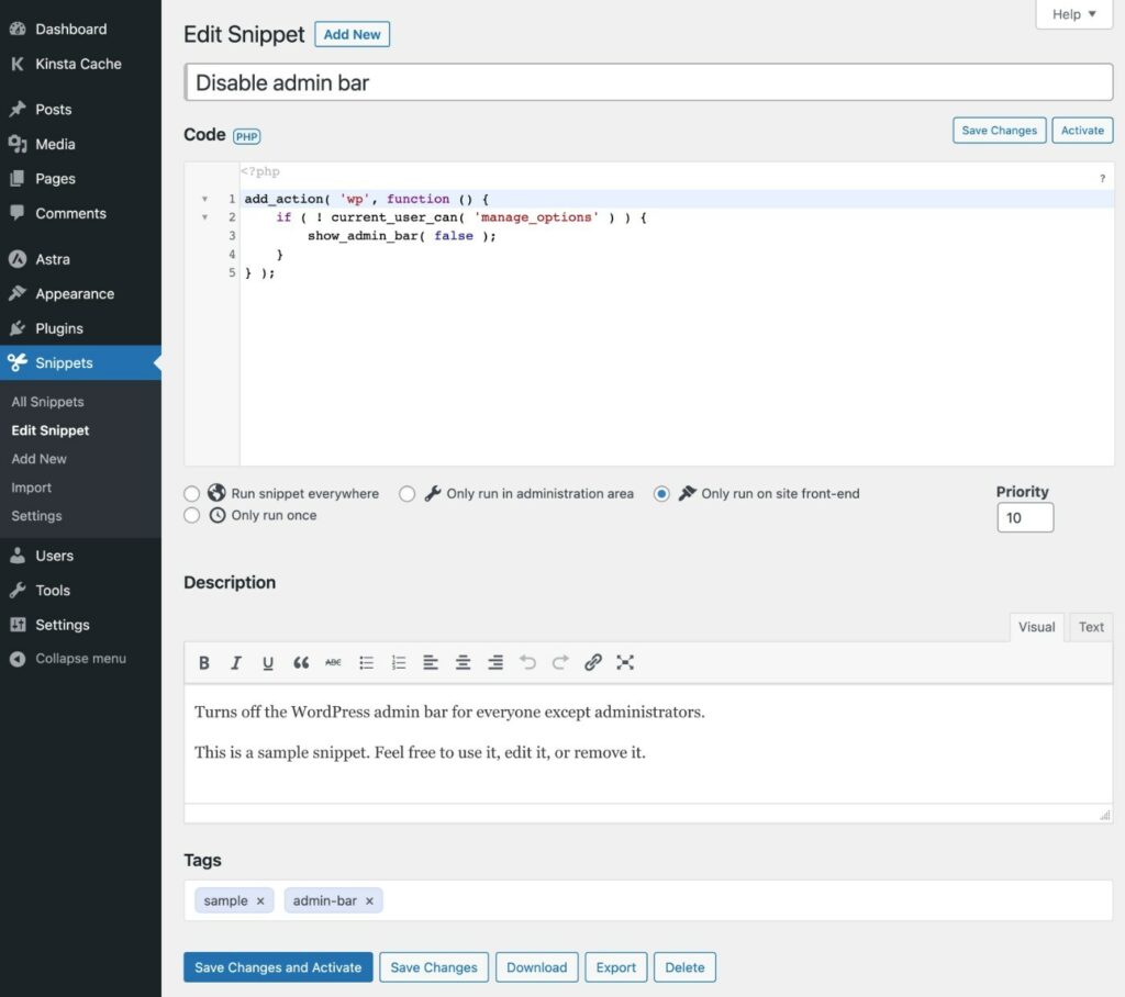 Adding a code snippet in the Code Snippets plugin.