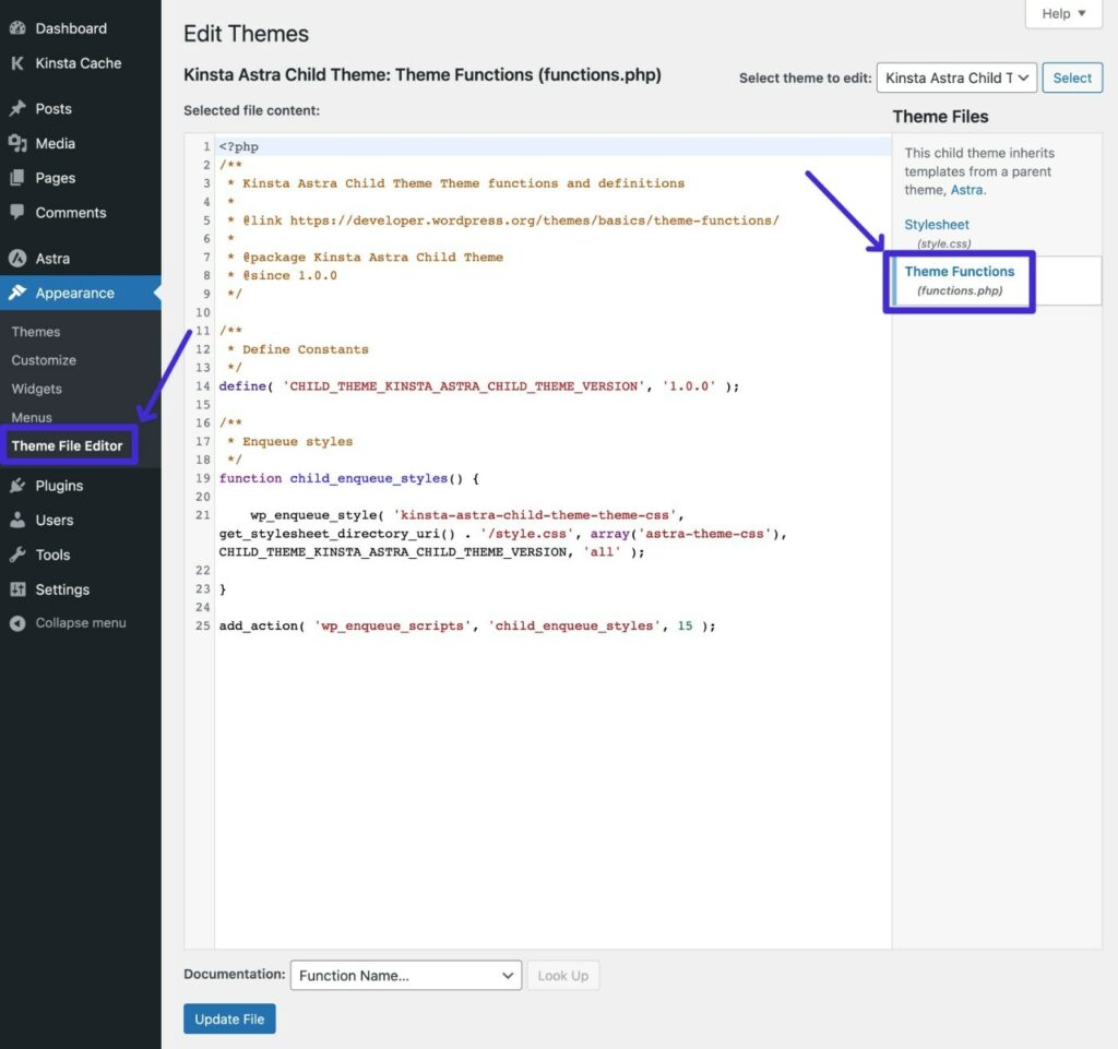 How to edit the functions.php file from your WordPress dashboard.