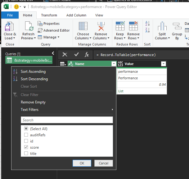 Excel imported table filtering