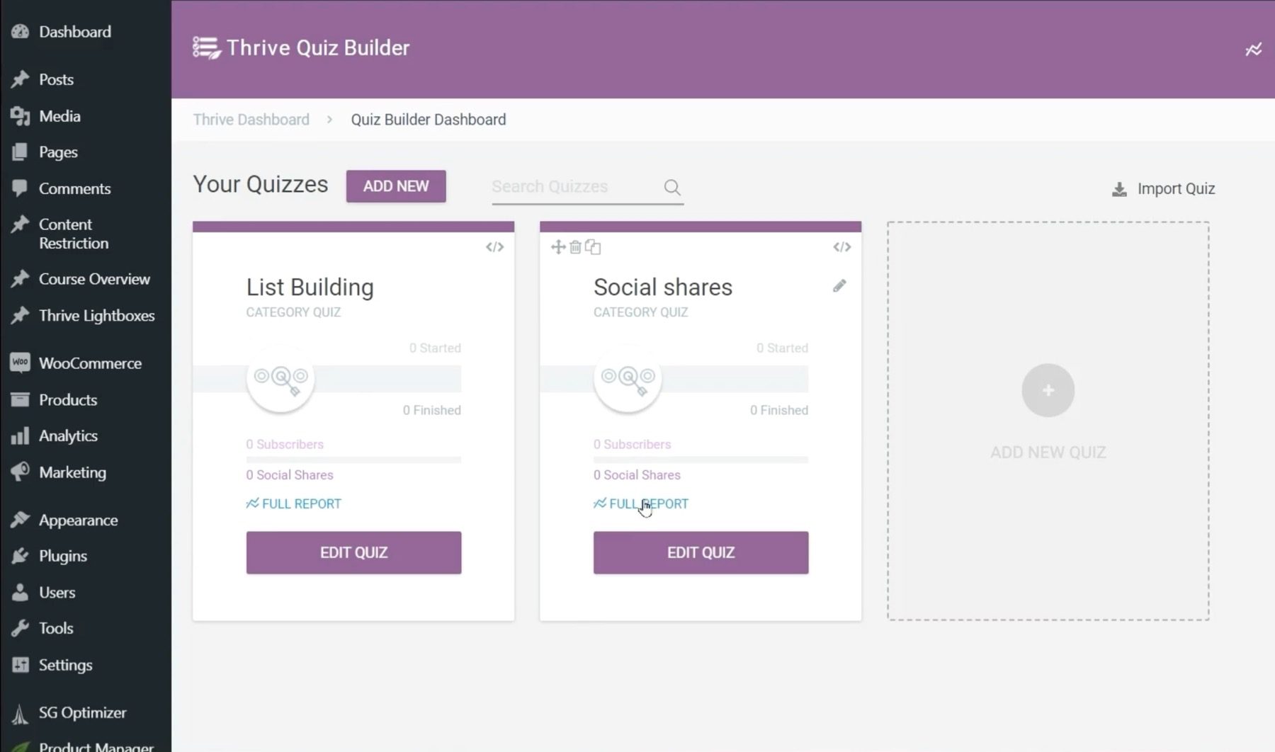 Thrive quiz builder settings