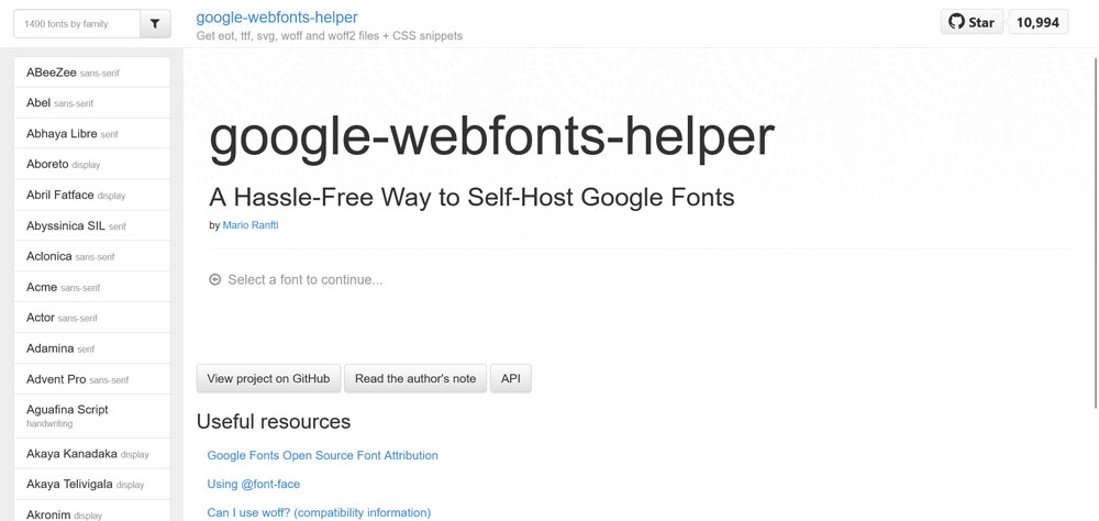 google webfonts helper homepage