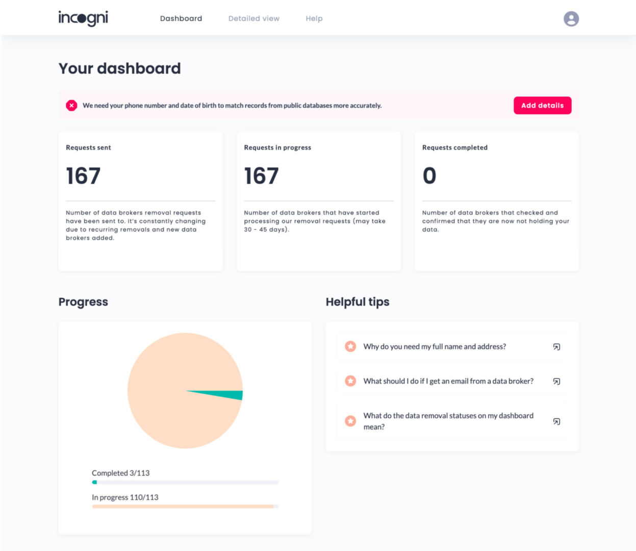 Incogni dashboard