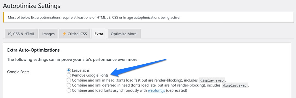 remove google fonts via autoptimize settings