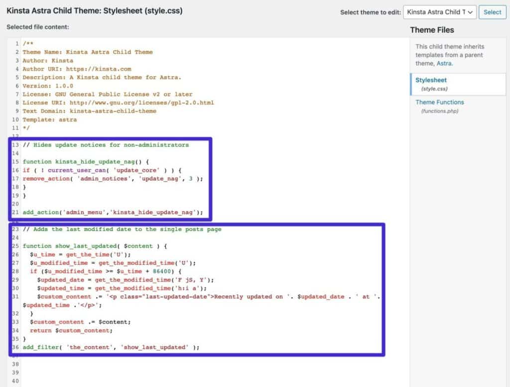 An example of using code comments to document snippets in the functions.php file.