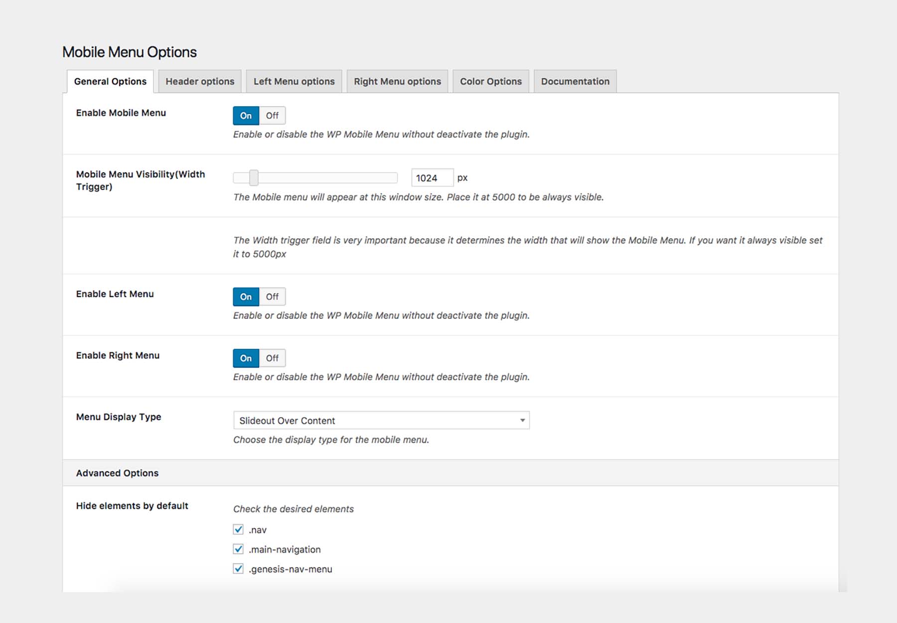 WP Mobile Menu general options 