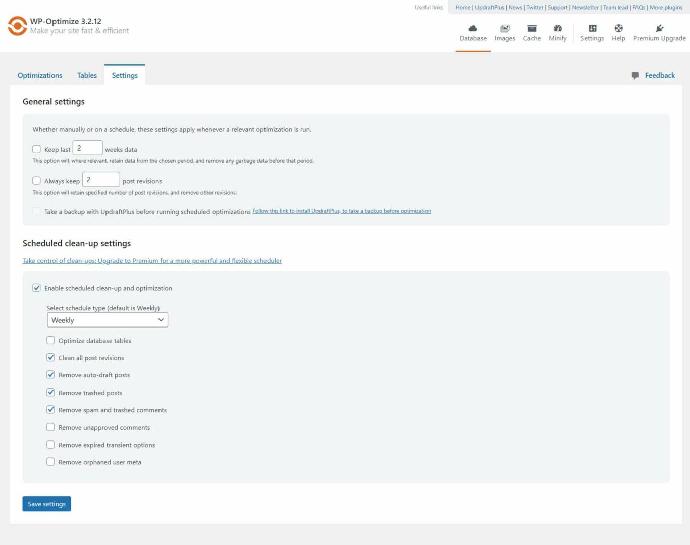 WP Optimize database clean up settings