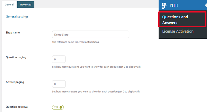 YITH Quiestions and Answers settings