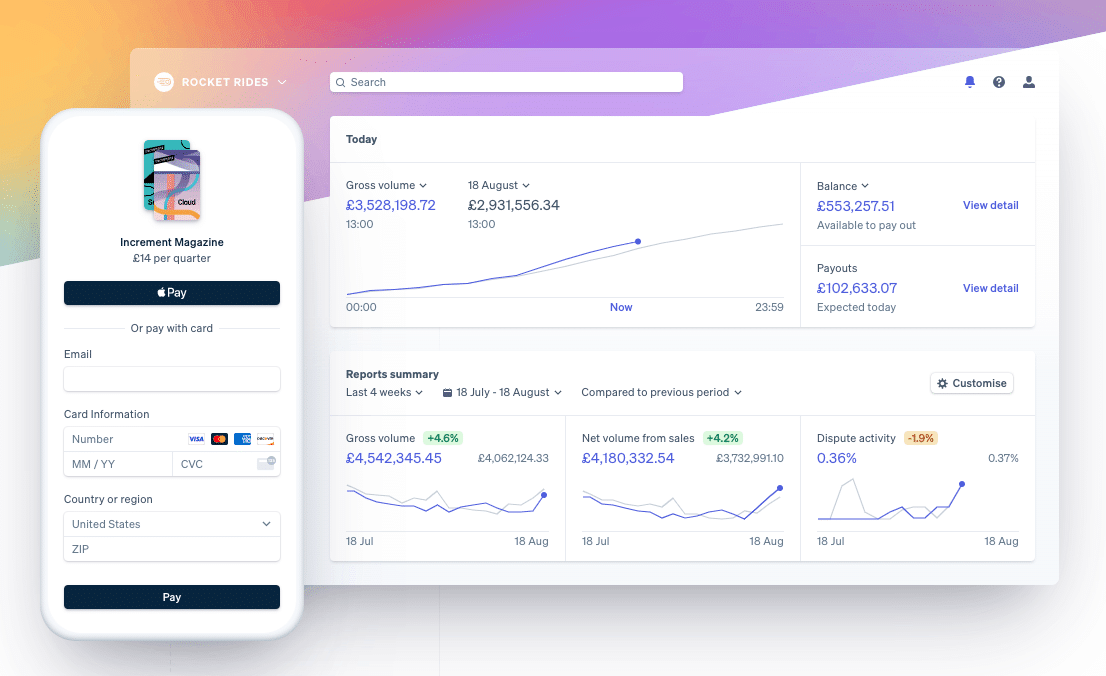 Stripe checkout page and dashboard