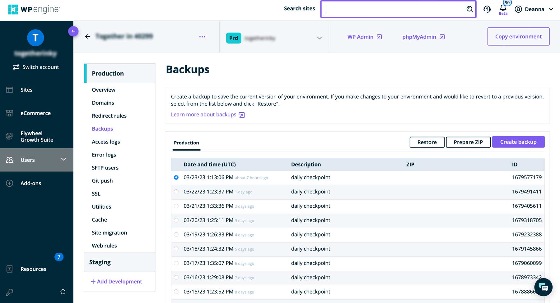 WP Engine dashboard